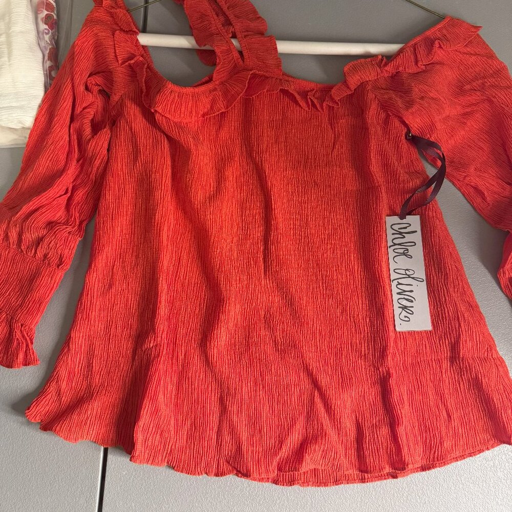 Chloe Oliver Red Open Shoulder Flamingo Top, Small, NWT